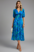 Bianca | Women’s Floral Puff Sleeve V-Neck Midi Dress